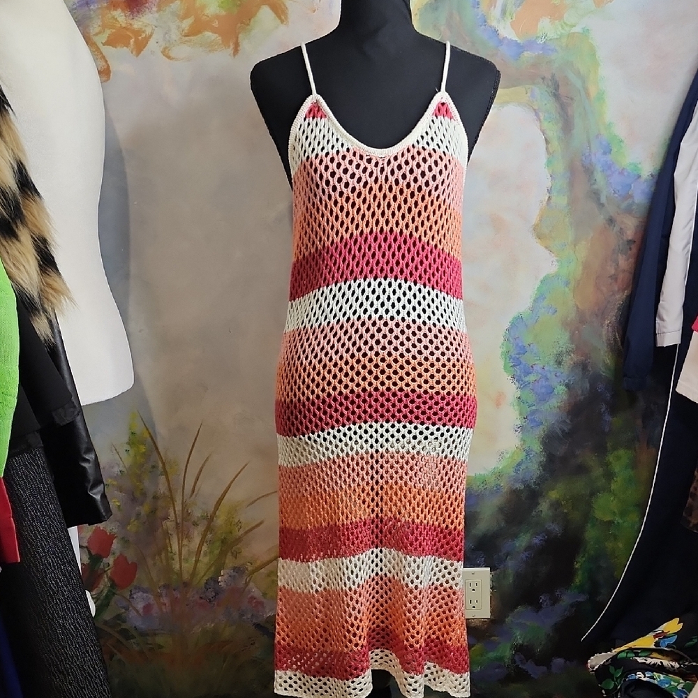 VENUS Pink and Orange Swim Coverup with Striped Pattern and Loose Knit Design